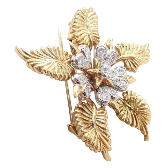 Tiffany & Co Schlumberger 18k Yellow Gold Platinum Diamond 5 Leaf Pin Brooch - Picture 4 of 11